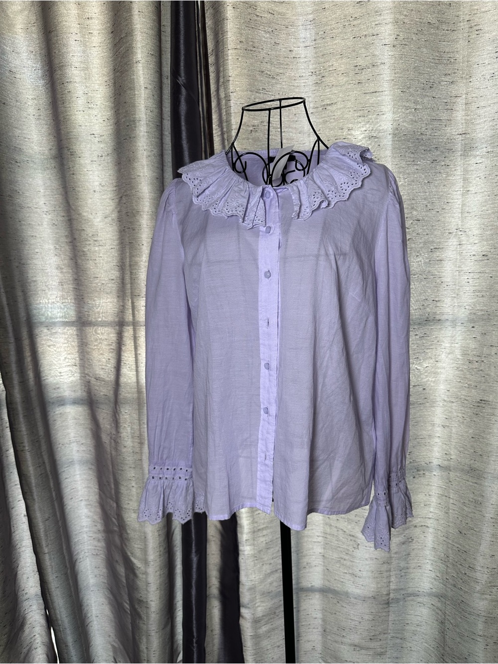 J. Crew Lavender Eyelet Ruffle Collar Cotton Blend Button-Down Shirt
